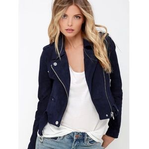 Blank NYC Backhanded Navy Blue Suede Moto Jacket - Size Medium